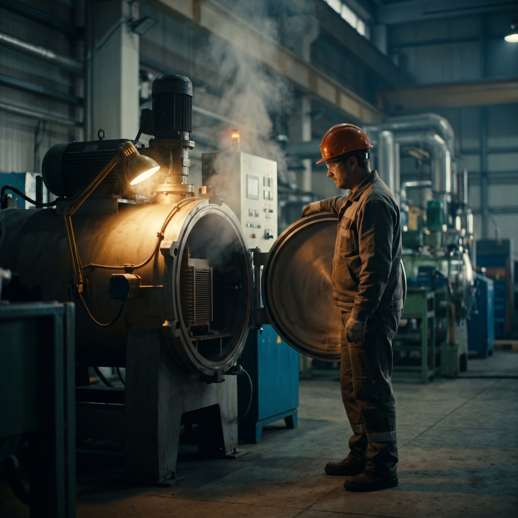 Transformer core-and-coil assembly inside a vacuum drying oven — pressboard and Kraft paper insulation moisture extraction