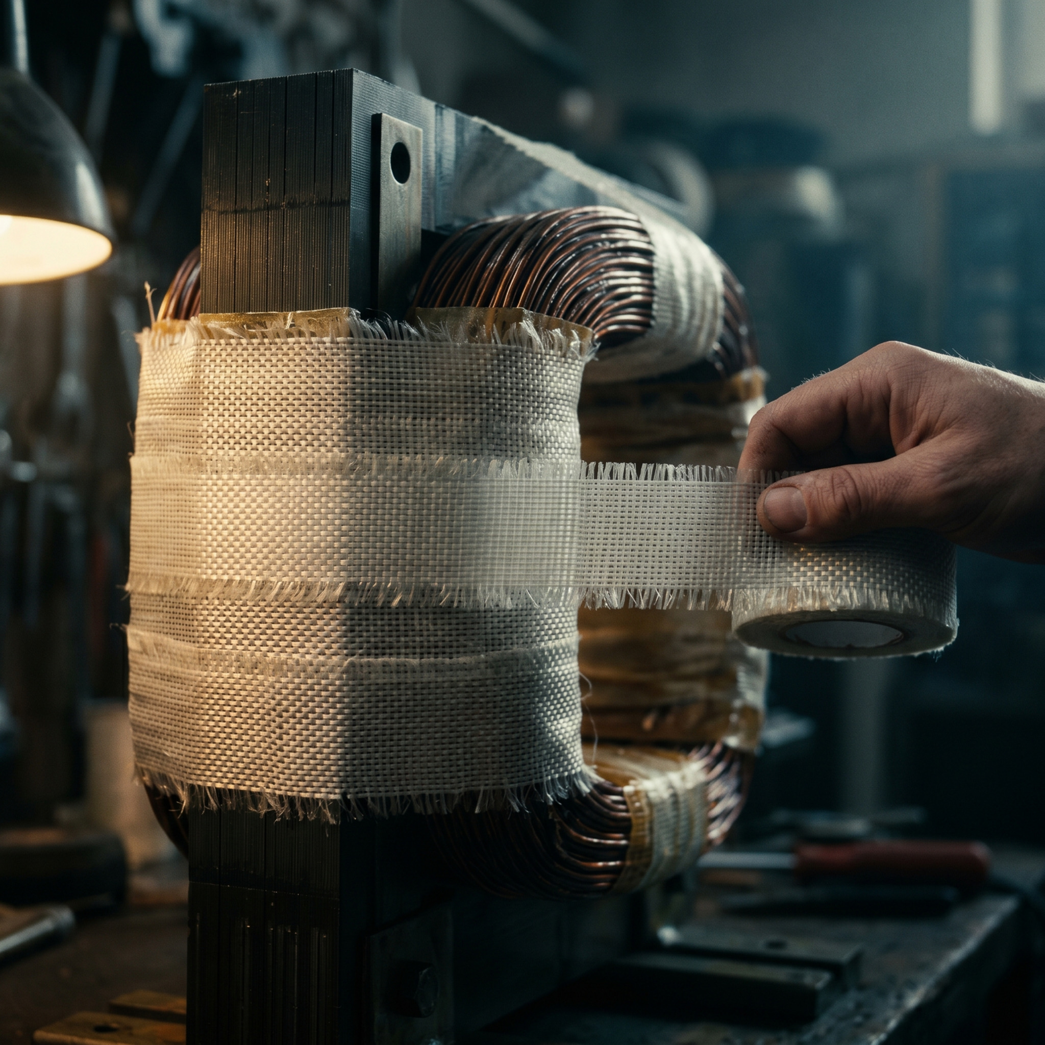 Glass fibre winding tape — close up of woven texture used for hand-taping transformer coils